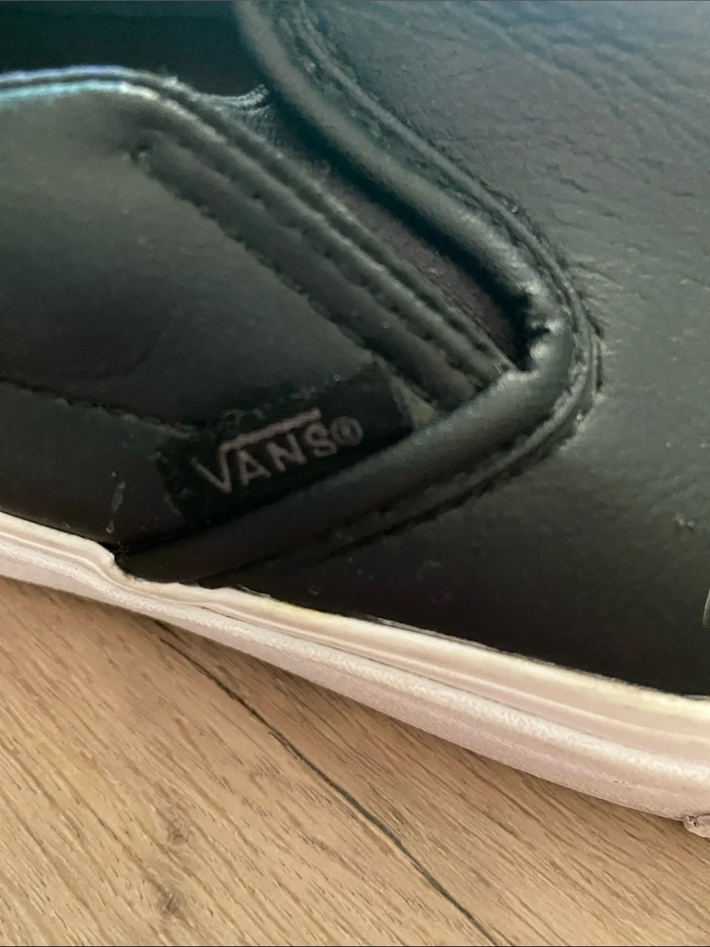 Vans Skater Black Leather Slip-On Sneakers with White Sole. Woman’s 8.5/Mens 7